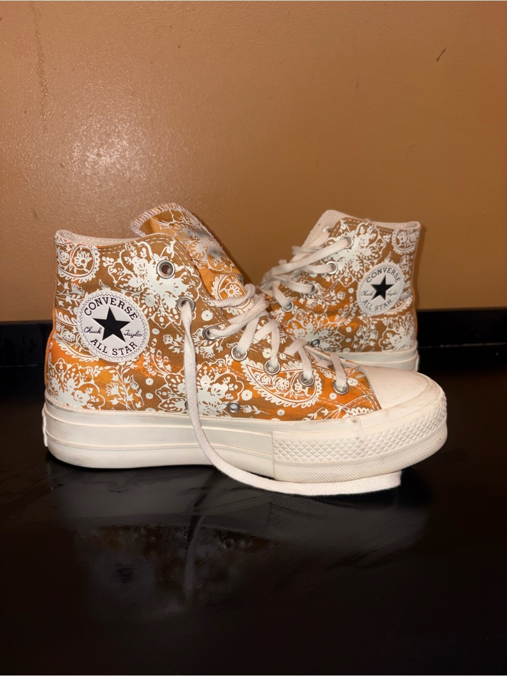 Converse High Top Sneakers Orange White Paisley custom bleached